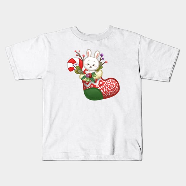 Bunny Christmas Sock Kids T-Shirt by Khotekmei